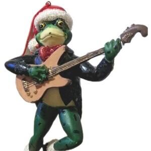 Frog Playing Electric Guitar Ornament Christmas Santa Hat Tuxedo Rocker Music